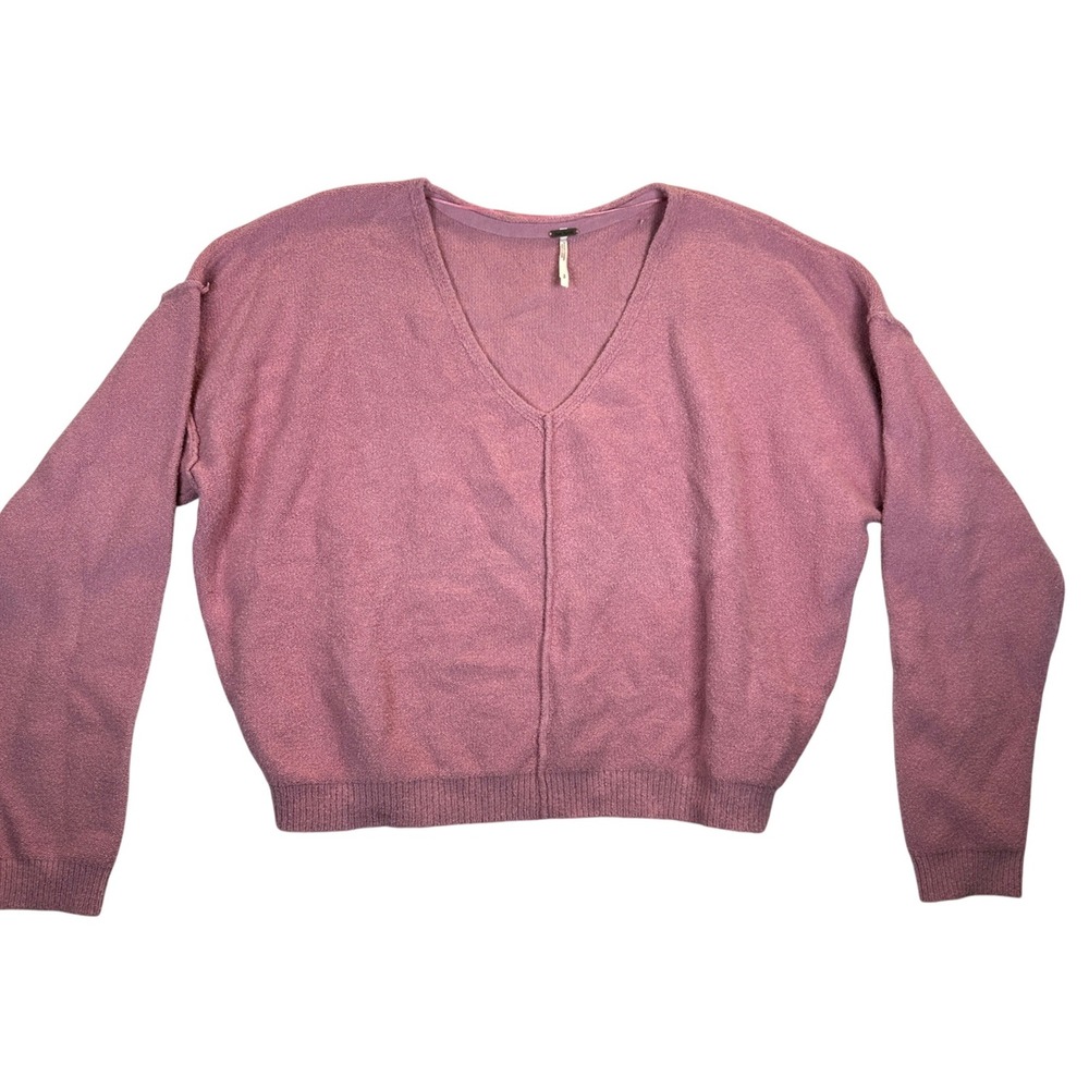 Free People Pink V-Neck Oversized Slouchy Knit Sweater Size S Soft Casual